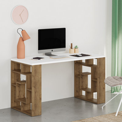 Decortie Labirent Modern Desk with Bookshelf Legs White Dark Oak Effect 137cm