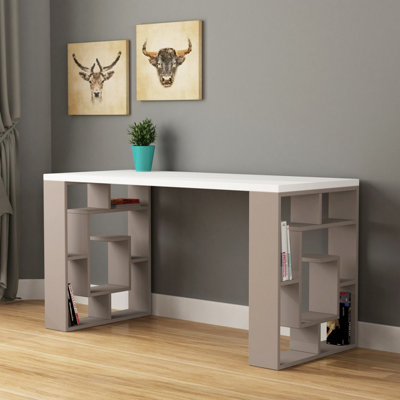 Decortie Labirent Modern Desk with Bookshelf Legs White Light Mocha 137cm