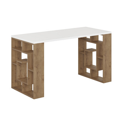 Decortie Labirent Modern Working Table with Bookshelf Legs White Dark Oak Effect 137cm