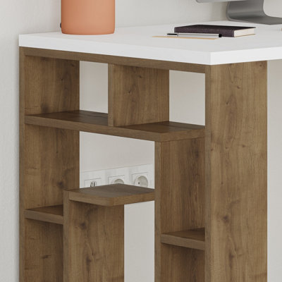 Decortie Labirent Modern Working Table with Bookshelf Legs White Dark Oak Effect 137cm