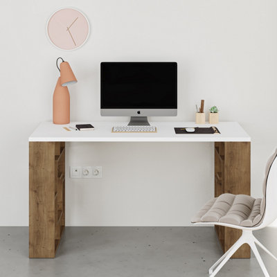 Decortie Labirent Modern Working Table with Bookshelf Legs White Dark Oak Effect 137cm