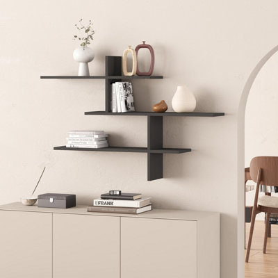 Decortie Leo Anthracite Grey 3-Tier Floating Wall Shelf 80cm - Modern Display Bookcase
