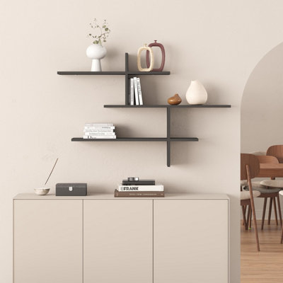Decortie Leo Anthracite Grey 3-Tier Floating Wall Shelf 80cm - Modern Display Bookcase
