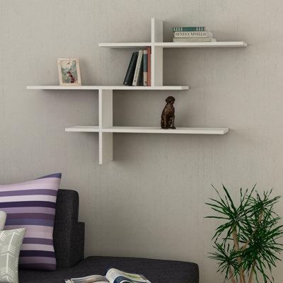 Decortie Leo Wall-Mounted 3-Tier Floating Shelf Bookcase Compact Modern Display Unit White 123x22x81cm