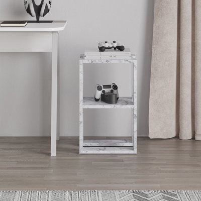 Decortie Lonie Modern Bedside Table Nightstand with Storage White Marble Effect Width 34cm