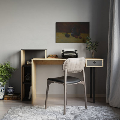 Decortie Loyd Study Desk Oak Anthracite Grey With Drawer And Bookshelves Width 141cm