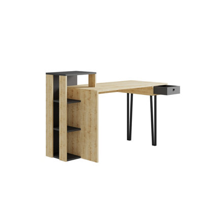 Decortie Loyd Study Desk Oak Anthracite Grey With Drawer And Bookshelves Width 141cm