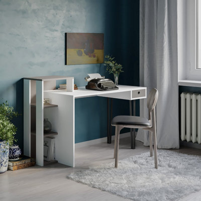 Grey and white desk deals with drawers