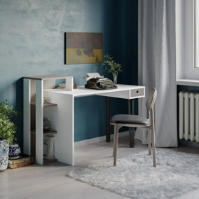Decortie Loyd Study Desk White Mocha Grey With Drawer And Bookshelves Width 141cm