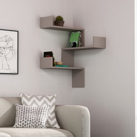 Decortie Luksa Corner Wall Mounted Modern Bookcase Display Unit Mocha Grey W 60cm Medium