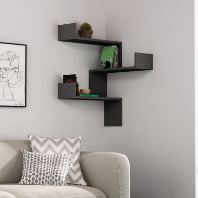 Decortie Luksa Modern Wall Shelf Bookcase Wall Mounted Corner Zigzag Design Anthracite Grey 60cm