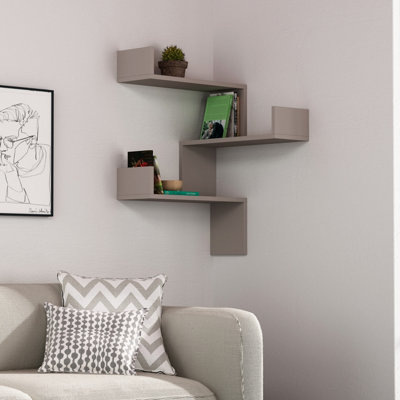 Decortie Luksa Modern Wall Shelf Bookcase Wall Mounted Corner Zigzag Design Mocha Grey 60cm
