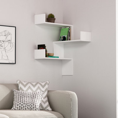 Decortie Luksa Modern Wall Shelf Bookcase Wall Mounted Corner Zigzag Design White 60cm