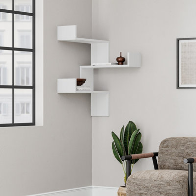Decortie Luksa Modern Wall Shelf Bookcase Wall Mounted Corner Zigzag Design White 60cm