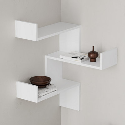 Decortie Luksa Modern Wall Shelf Bookcase Wall Mounted Corner Zigzag Design White 60cm