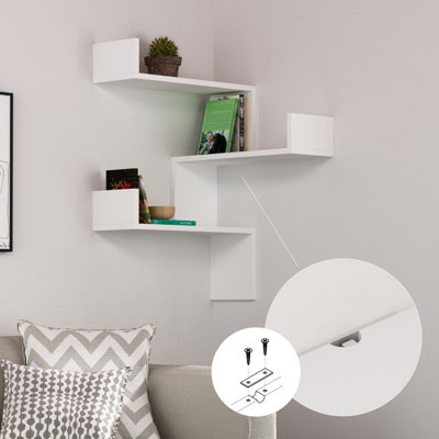 Decortie Luksa Modern Wall Shelf Bookcase Wall Mounted Corner Zigzag Design White 60cm