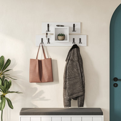 Decortie Lumina Modern Wall-Mounted Coat Rack, Wall Hanger with 6 Metal Hooks & Open Shelf Storage, (W)68 x (D)14.80cm, White