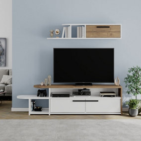 Decortie Lyra Modern Tv Unit White Oak Effect With Storage And Wall Shelf 167cm