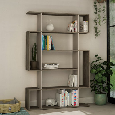 Decortie Mito Modern Bookcase Display Unit Dark Coffee Oak Effect-Mocha Grey Tall 161cm