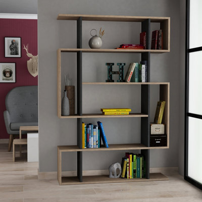 Decortie Mito Modern Bookcase Display Unit Natural Oak Effect Anthracite Grey Tall 161cm