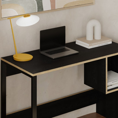 Decortie Model-4 1100(D)cm Computer Desk Black Wood Workstation PC Work Table Office Gaming Desk Shelf with Black Metal Leg