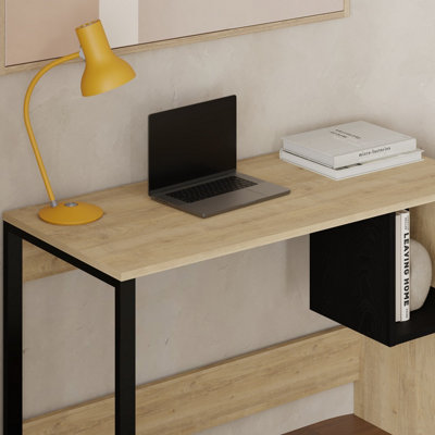 Decortie Model-4 1100(D)cm Computer Desk Oak, Black Wood Workstation PC Work Table Office Gaming Desk Shelf with Black Metal Leg