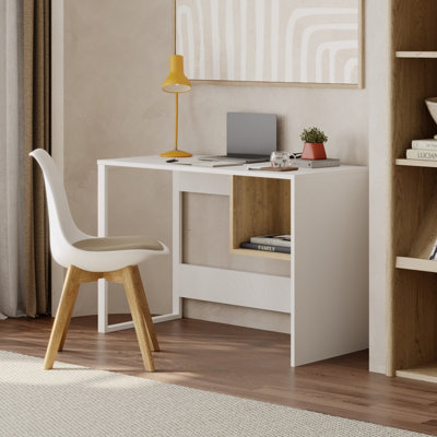Decortie Model-4 1100(D)cm Computer Desk White and Oak Workstation PC ...