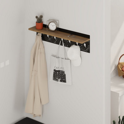 Decortie Modern 7 Hooks Wall Mounted Popy Hanger with Floating Shelf Laser-cut Metal Surface Oak Price Comparisons | Compare The Build