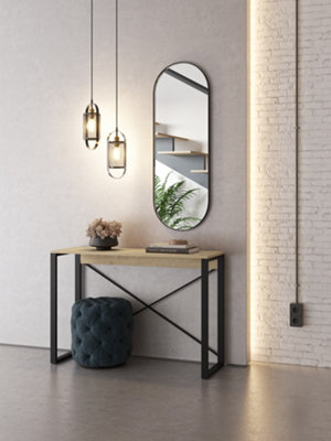 Decortie Modern Archie Console Table Oak 110cm Narrow Entryway Table Modern Behind Sofa Table Hallway with Black Metal Legs