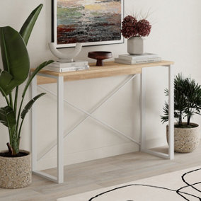 Decortie Modern Archie Console Table Oak 110cm Narrow Entryway Table Modern Behind Sofa Table Hallway with White Metal Legs