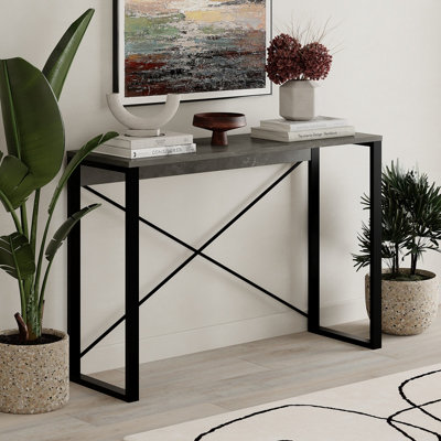 Decortie Modern Archie Console Table Retro Grey 110cm Narrow Entryway Table Modern Behind Sofa Table Hallway with Black Metal Legs