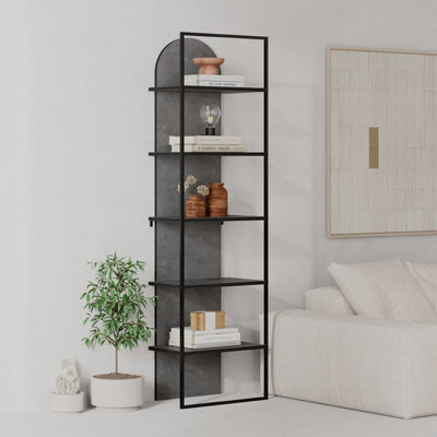 Decortie Modern Archy Bookcase 5-Tier Engineered Wood Design on the Back Wall-mounted Shelf w/Black Metal Frame 180(H)cm RetroGrey