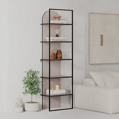 Decortie Modern Archy Bookcase 5-Tier Engineered Wood Design on the Back Wall-mounted Shelf w/Black Metal Frame 180(H) Mocha Grey