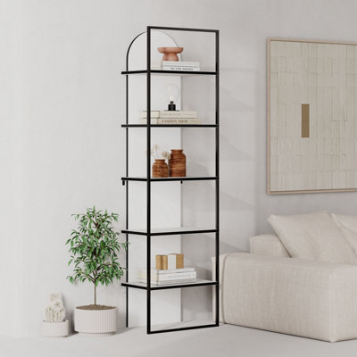 Decortie Modern Archy Bookcase 5-Tier Engineered Wood Design on the Back Wall-mounted Shelf with Black Metal Frame 180(H)cm White