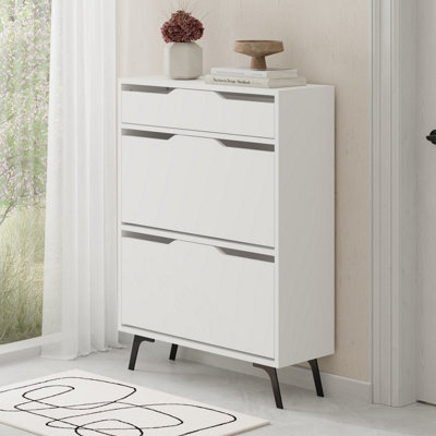 Decortie Modern Asta Shoe Cabinet White 2 Cabinet Storage for Shoes and Drawer for Accessory Organizer 81.6(W)x29.5(D)x110(H)cm