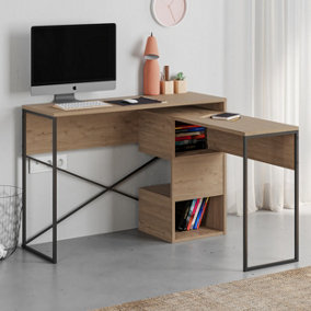 Decortie Modern Badau L-Shaped Computer Desk Natural Oak Black Metal Legs 3 Adjustable Storage Shelf Extra Table 110cm(W) Office
