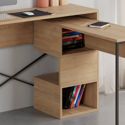 Decortie Modern Badau L-Shaped Computer Desk Oak Black Metal Legs 3 ...