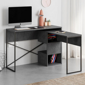 Decortie Modern Badau L-Shaped Computer Desk Retro Grey Black Metal Legs 3 Adjustable Storage Shelf Extra PC Table 110cm(W) Office