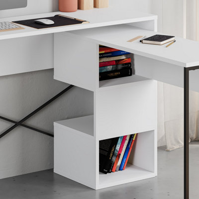 Decortie Modern Badau L-Shaped Computer Desk White Black Metal Legs 3 ...