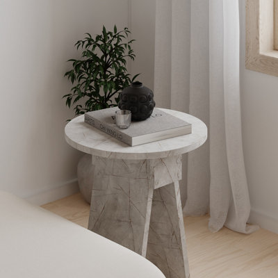 Decortie Modern Chen Side Table Gold Marble Effect Round Shape Particle Board 2 Legs Coffee Table 42(W)x42(D)x50(H) cm