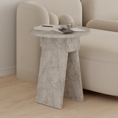 Decortie Modern Chen Side Table Gold Marble Effect Round Shape Particle Board 2 Legs Coffee Table 42(W)x42(D)x50(H) cm