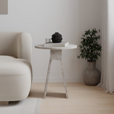 Decortie Modern Chen Side Table Gold Marble Effect Round Shape Particle Board 2 Legs Coffee Table 42(W)x42(D)x50(H) cm