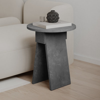 Decortie Modern Chen Side Table Retro Grey Round Shape Sturdy Particle Board 2 Legs Coffee Table 42(W)x42(D)x50(H)cm Living Room