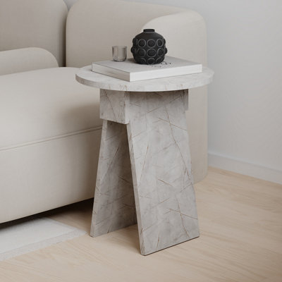 Decortie Modern Chen Side Table White Marble Effect Round Shape Particle Board 2 Legs Coffee Table 42(W)x42(D)x50(H) cm