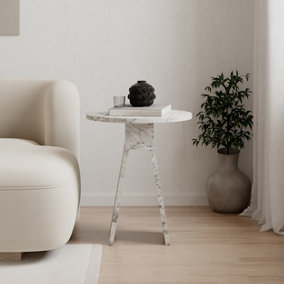 Decortie Modern Chen Side Table White Marble Effect Round Shape Particle Board 2 Legs Coffee Table 42(W)x42(D)x50(H) cm