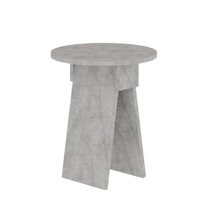 Decortie Modern Chen Side Table White Marble Effect Round Shape Particle Board 2 Legs Coffee Table 42(W)x42(D)x50(H) cm