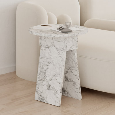 Decortie Modern Chen Side Table White Marble Effect Round Shape Sturdy Particle Board 2 Legs Coffee Table 42(W)cm Living Room