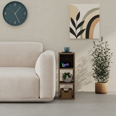 Decortie Modern Combayn 3 Cube Small Low Standing Bookshelf Contemporary Stackable Cube Storage Unit Small Space (Dark Oak Effect)