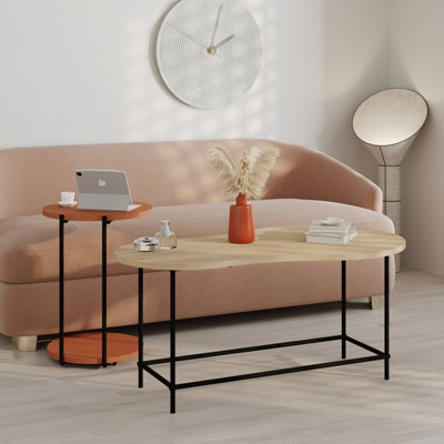 Decortie Modern Cuddle Coffee Tables Oak, Cinnamon 2 Piece Nested Table Round w Wheels and Oval Table Metal Legs Office