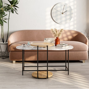 Decortie Modern Cuddle Coffee Tables White Marble Effect Oak 2 Piece Nested Table Round w Wheels and Oval Table Metal Legs